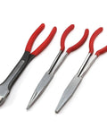 Nine Piece 11 Inch Long Reach Needle Nose Pliers Set with PVC Handles shown in different angles.