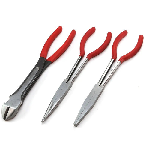 Nine Piece 11 Inch Long Reach Needle Nose Pliers Set with PVC Handles shown in different angles.