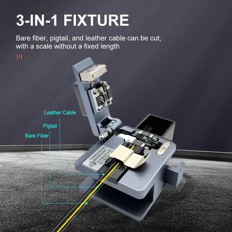 Dope Pro Grade Fiber Cleaver For FTTH Splicing with CNC aluminum body showing 3-in-1 fixture for fiber, pigtail, and leather cable cutting.