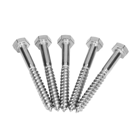 Five Half Thread Wood Hex Lag Self Tapping Screws M6x60mm In A2-70 Stainless Steel, shown in a front view.