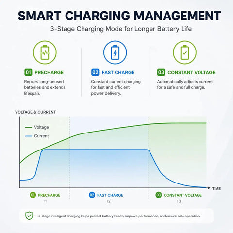 Smart charging management infographic illustrating 3-stage charging for Built Different 24V LiFePO4 Battery Charger 20 Amp Fast Charge.