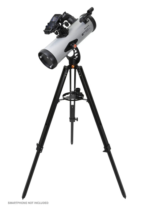 StarSense Explorer LT 114AZ App Enabled Telescope on tripod with smartphone dock visible.