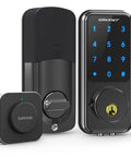 Smart WiFi Door Lock With Keyless Entry And Keypad Digital Electronic Door Lock Passcode Access Remote Mobile App Control Easy Install Tight Security For Your Home Black; Image showing front and back view with keypad and gateway module