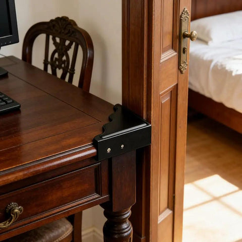 Heavy Duty Black Metal Corner Guards Set Of Four, Built Like A Tank Industrial Edge Protectors With Decorative Textured Finish For Wooden Furniture And Crafts on desk corner.