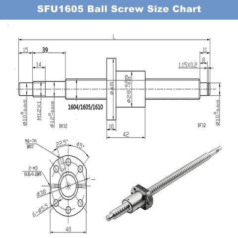 SFU1605 300mm Ballscrew Kit With Metal Ballnut And RM1605 Spindle Built For CNC Nerds Includes BK12 BF12 End Supports DSG16H Nut Housing And BR Couplers For CNC Machines And Automated Equipment. SFU1605 size chart and ballscrew with BK12 BF12 supports
