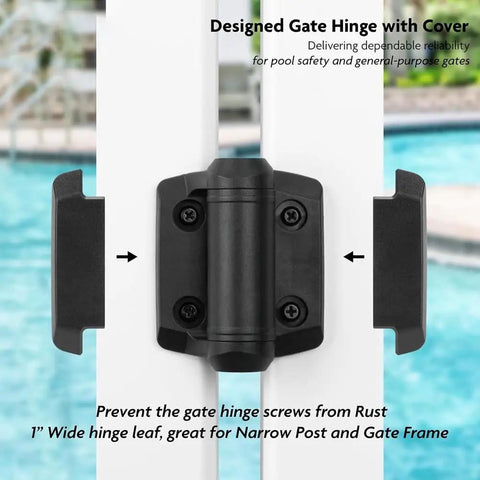 Heavy Duty Self Closing Gate Hinges 2 Pack With Adjustable Spring Tension installed on white gate near pool