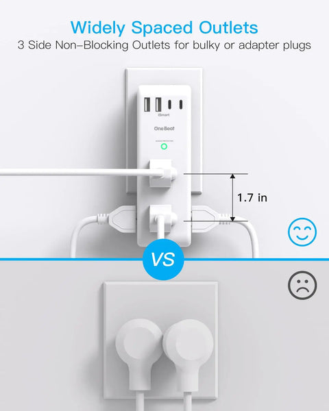 Must Have Rotating Plug Surge Protector Power Strip With Six AC Outlets And Four USB Ports Including Two USB C 1800J Wall Charger illustrating outlet spacing.