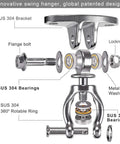 Exploded view of SUS 304 Silent Bearing Swivel Swing Hangers Stainless Steel Ceiling Mount Bracket for various hanging setups
