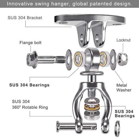 Exploded view of SUS 304 Silent Bearing Swivel Swing Hangers Stainless Steel Ceiling Mount Bracket for various hanging setups