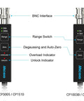Top Shelf High Frequency AC DC Current Probe Packing 8MHz Bandwidth and 300 Amp RMS features BNC interface and range switch.