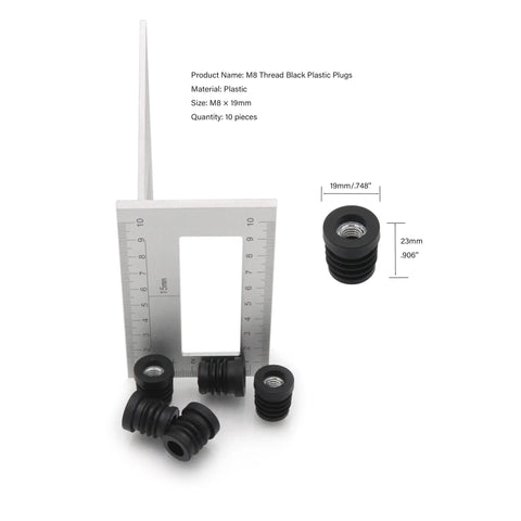 10 Pack Thread Tube Plugs For Furniture Legs With M8 Screw Holes 19mm Diameter Plastic Black Round Nut Plugs next to ruler