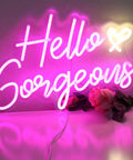 Pink LED Neon Sign Hello Gorgeous For Home Decor And Party Backdrops, Dimmable 5V Neon Light, lit for parties, USB powered