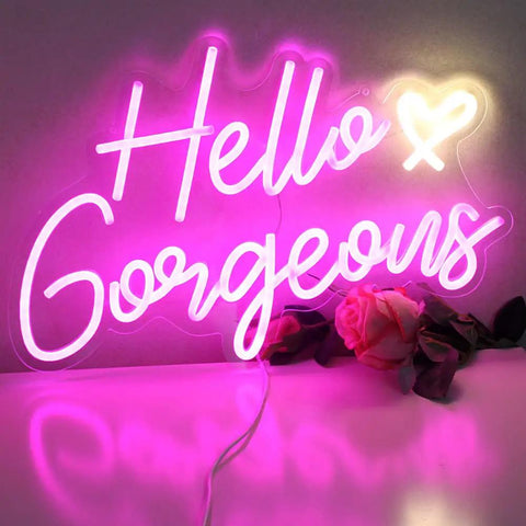 Pink LED Neon Sign Hello Gorgeous For Home Decor And Party Backdrops, Dimmable 5V Neon Light, lit for parties, USB powered