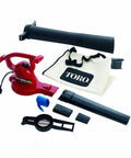 Three In One Leaf Blower Vacuum With Metal Impeller And Infinite Variable Speed Up To Two Hundred Thirty Five MPH 12 Amp Power Unit Cord Lock System Includes Blower Tubes For Easy Yard Cleanup kit with components displayed