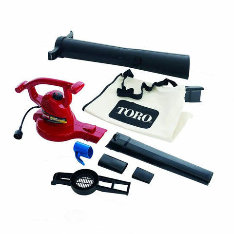 Three In One Leaf Blower Vacuum With Metal Impeller And Infinite Variable Speed Up To Two Hundred Thirty Five MPH 12 Amp Power Unit Cord Lock System Includes Blower Tubes For Easy Yard Cleanup kit with components displayed