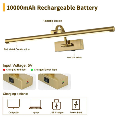 Wireless Picture Lights With Remote And Timer Dope Rechargeable Brass Gallery Lighting For Over Frame Portraits Battery Operated 5W