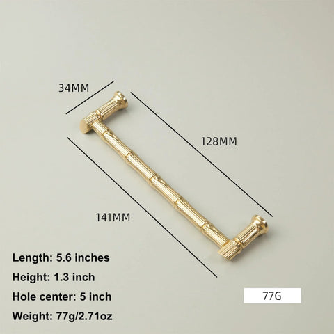 Gold Brass Bamboo Shape Cabinet Handle, Antique Brushed Copper Finish, Solid Brass, 141mm with Dimensions, Drawer Pull