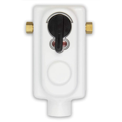 Front view of Flame King ACR-2a 2-stage auto-changeover LP propane regulator with brass fittings for RVs