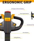 Heavy Duty Electric Pallet Jack Rider Packs Killer Six Thousand Six Hundred Pound Grip Control panel with buttons and ergonomic grip.