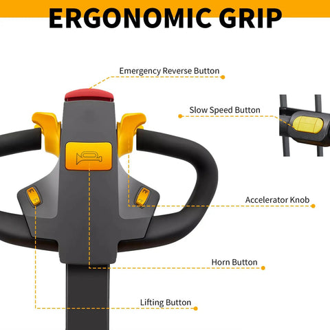 Heavy Duty Electric Pallet Jack Rider Packs Killer Six Thousand Six Hundred Pound Grip Control panel with buttons and ergonomic grip.