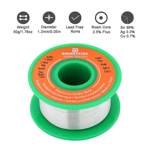 Lead Free Electronics Soldering Wire 1.2mm 50g Rosin Flux Core Sn99 Ag0.3 Cu0.7 No Clean Solder spool with green base