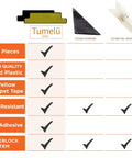 Comparison chart of 12 Piece Premium Large Size Anti Curling Carpet Tape Rug Gripper with checkmarks on key features.