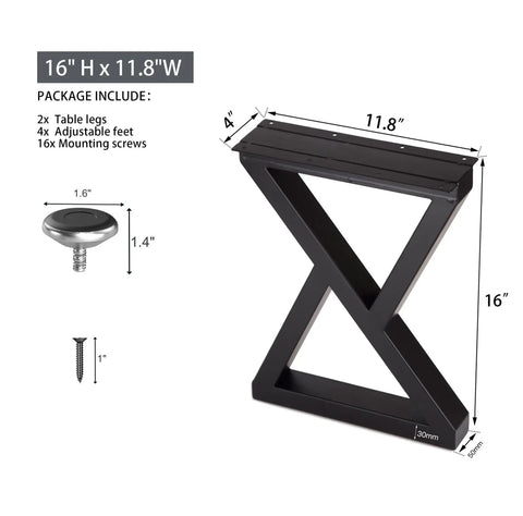 Beefy 16 Inch Metal Table Legs Set Of 2 In Black for DIY tables with dimensions and included hardware, heavy-duty steel pipe.