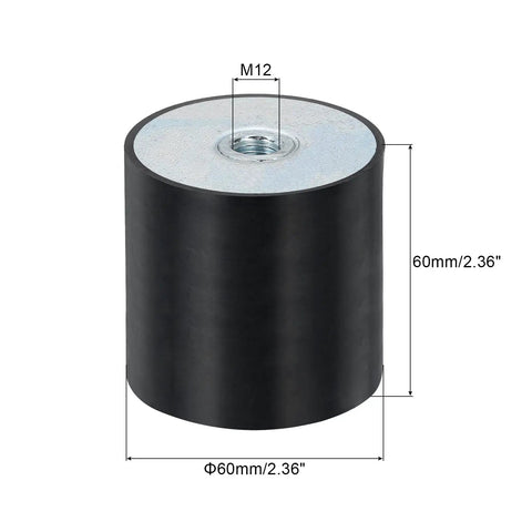 60 X 60mm Female Rubber Mount With M12 Thread, Sweet Vibration Isolator For Heavy Machinery, black rubber pad with steel center, 60mm tall.