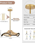 Hodevimall 19.6" Boho Rattan Pendant Light Fixture dimensions, adjustable cord, golden ceiling mount, suitable for various rooms.