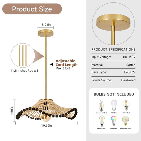 Hodevimall 19.6" Boho Rattan Pendant Light Fixture dimensions, adjustable cord, golden ceiling mount, suitable for various rooms.