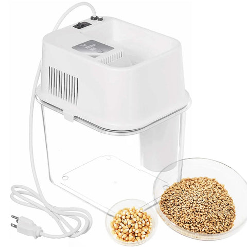 Electric Grain Mill For Home Use High Speed Wheat Corn Grain Grinder Flour Mill With See Through Milling Pan And Stainless Steel Chamber Assembled In The USA showing grains.
