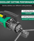 Heavy Duty 5/8 Inch Electric Hydraulic Rebar Cutter Machine showing motor and cutting mechanism, cuts steel bars easily up to 16 mm.
