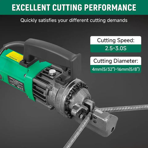 Heavy Duty 5/8 Inch Electric Hydraulic Rebar Cutter Machine showing motor and cutting mechanism, cuts steel bars easily up to 16 mm.