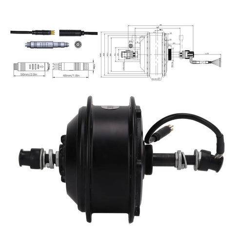 36 Volt 250 Watt Rear Wheel Hub Motor Built Like A Tank With Aluminum Alloy Frame showing cable connections and mounting details.