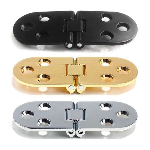 Concealed Flush Mount Hinges For Cabinets And Tables, 180 Degree Swing, Go-To Flat Folding Door Hinge in black, gold, and silver.