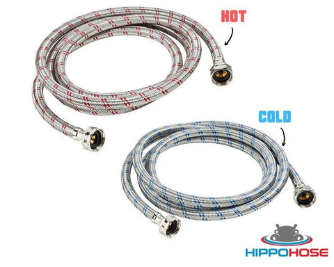 12 Ft Braided Stainless Washer Hoses Set With Color Coded Hot And Cold Lines No Fuss Burst Proof Up To 1500 PSI Universal Fit