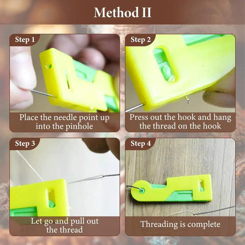 Instructional steps showing how to use Automatic Needle Threader Set For Sewing Machines And Hand Embroidery Ultra Handy Mini Portable Tool.