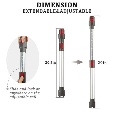 Extension Wand For Gen5 And V Series Dyson Vacuum Cleaners Extendable And Adjustable Replacement Tube Rod 20.5 To 29 Inches Not For Slim Models Compatible With Gen5 Outsize V8 V7 V10 V11 Vacuum Cleaners For No Fuss Home Upgrades And Quick Docking showing dimensions 20.5 to 29 inches with adjustable lock mechanism.