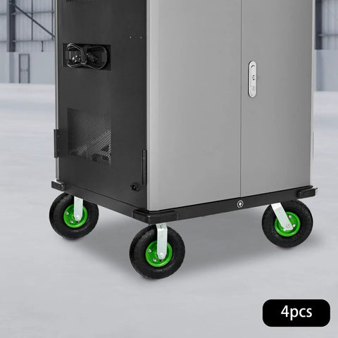 Smooth Operator Heavy Duty Pneumatic Casters 10 Inch Air Tire Wheels Bolt On Setup Swivel And Rigid Set Black Rubber Tires on a workshop cart.