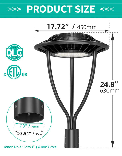 80W LED Post Top Light With Dusk To Dawn Sensor DLC ETL Listed IP65 Waterproof Outdoor Post Top Pole Light dimensions