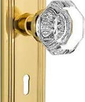 Retro Vibe Vintage Deco Plate With Waldorf Crystal Knob Mortise Door Set, Backset 2.25 Inches, Unlacquered Brass, front view.
