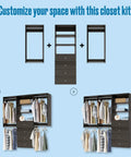 Top Shelf Grey Closet Organizer Kit Measuring 67.5 Inches Across showcases two customizable closet layouts with hanging rods and drawers.