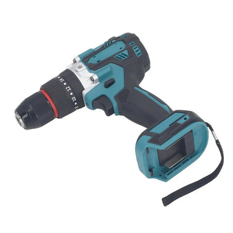 Heavy Duty Cordless Drill Featuring 140Nm Of Badass Rock Solid Torque And Dual Speed Gears And Slick Impact Tool For Drywall Repairs And Outdoor Woodworking Jobs With Built In Led Spotlight, close-up view.