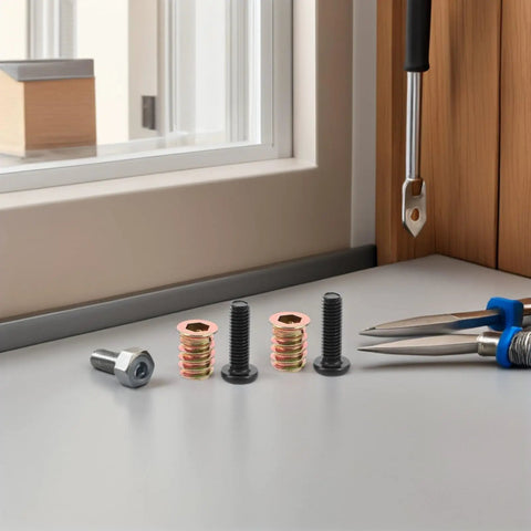 Wood Furniture Screws And Threaded Inserts Kit For Solid Hidden Installations with long screws and metal nut inserts on table