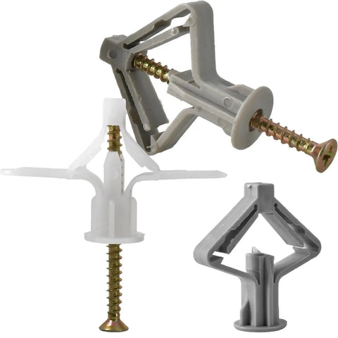 Heavy Duty Drywall Anchor Kit With Self Drilling Screws, No Pre Drill Required, Yellow Zinc Plated Carbon Steel Wall Mount Kit, 20 To 80 Pieces, Rust Resistant Hardware For Shelves, Pictures, TV Mounts And More shown with gray and white anchors