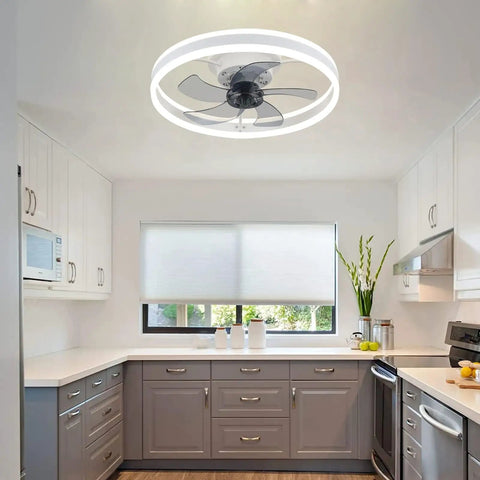 Low Profile Flush Mount Ceiling Fan With Lights 19.7 Inch LED Remote Control 3 Color Lighting And 3 Speed Settings in kitchen
