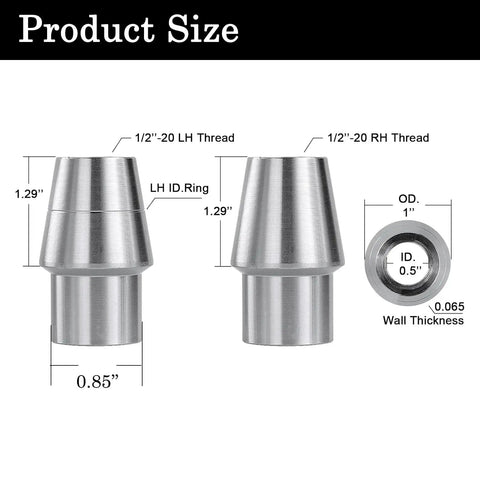 Beefy Half Inch Rod End Heim Joint Kit With Chromoly Joints For Panhard And Suspension Includes Left And Right Hand Thread Jam Nut Bung 1 Pair Fits 1 Inch Tube 0.065 Inch Wall, size diagram