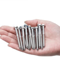 Top Quality 304 Stainless Steel Hex Lag Screws One Quarter Inch By Two Point Five Inches Tough As Nails Rust Resistant Wood Fasteners For Outdoor Decks And Flower Stands Twenty Five Count in a hand.