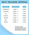 Heat transfer settings chart for Sublimation Paper 8.5 By 11 Inches 150 Sheets 120Gsm Inkjet Printer Compatible Fast Drying High Transfer Rate Vivid Colors For T Shirts Mugs And Craft Projects