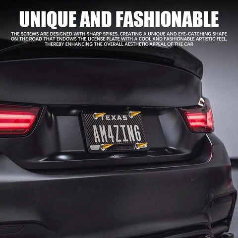 Badass Gold Spike License Plate Bolts And Screw Fastener Kit For Trucks And Cars Street Tough Anti Theft Vehicle Tag Frame Hardware All Season Aluminum Alloy Ride Ready Decor on black car with Texas plate.